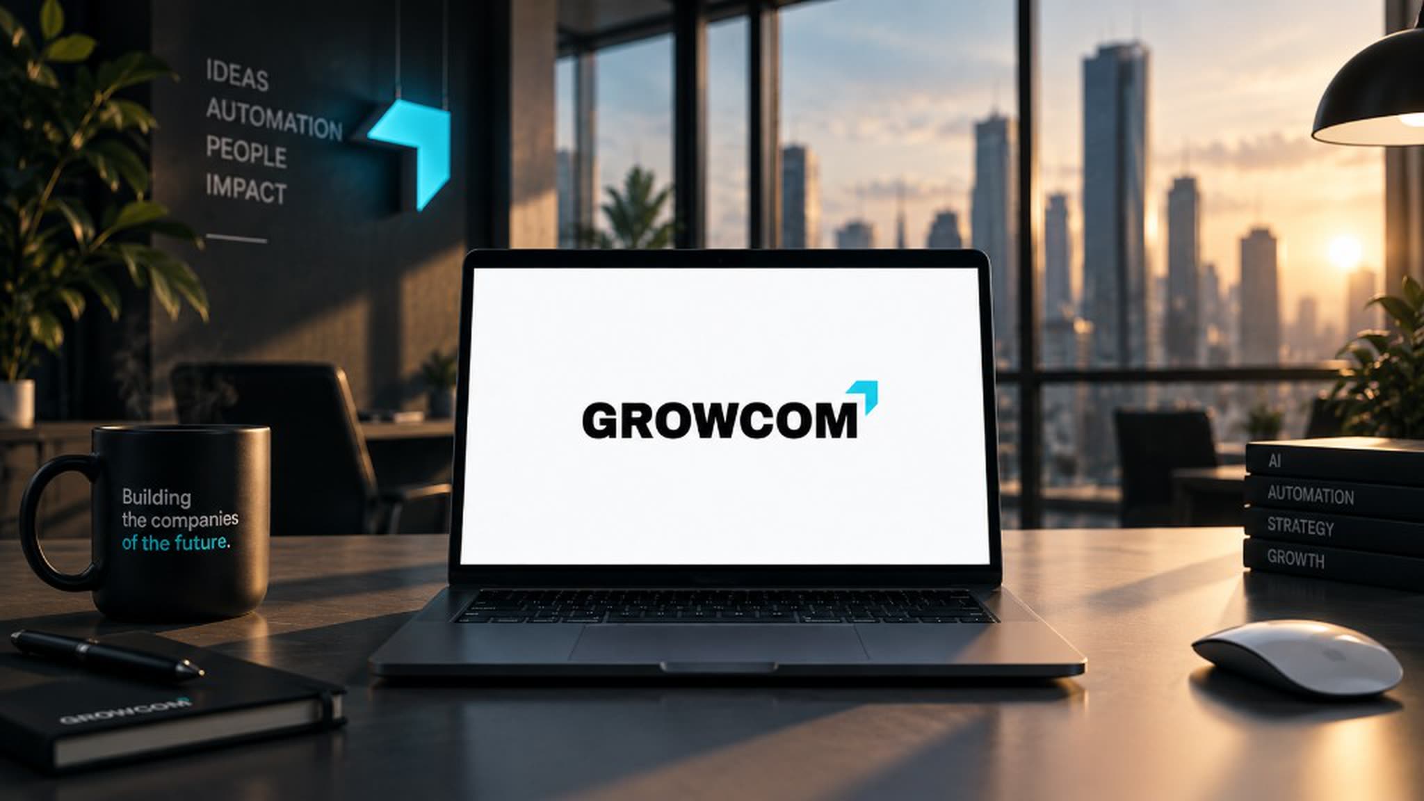 Escritorio de oficina con un portátil mostrando la web de Growcom